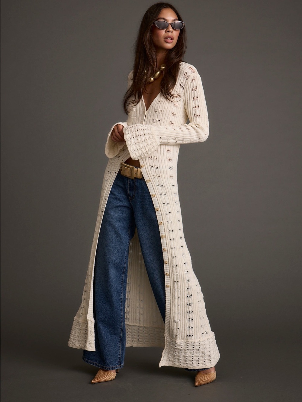 12th Tribe Long Cream Open-Front Knit Cardigan or Dress size S